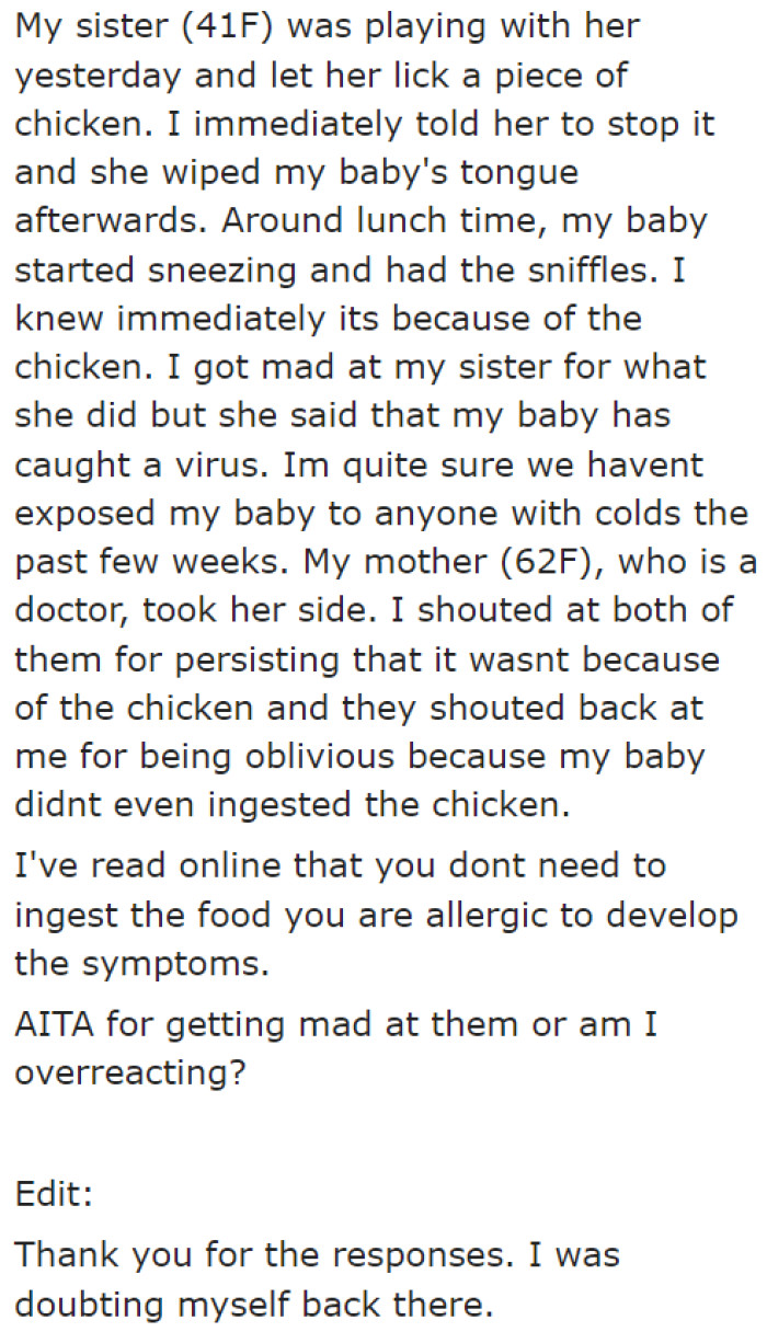 While his sister and baby were playing, she let the little one lick a piece of chicken.