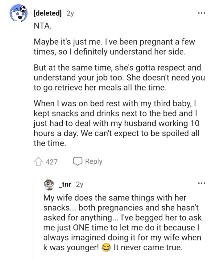 She doesn't need the OP to go get her meals every time