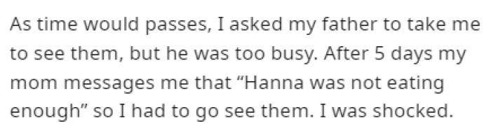 OP's father was too busy to take them to see their pets, but after a message from their mom, they had to see them immediately