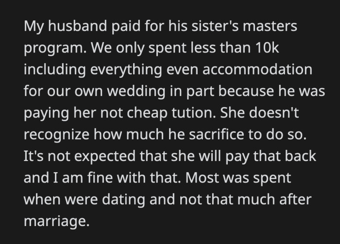 OP prohibited her husband from giving that much money. She said her SIL didn't ask and she didn't need the money.