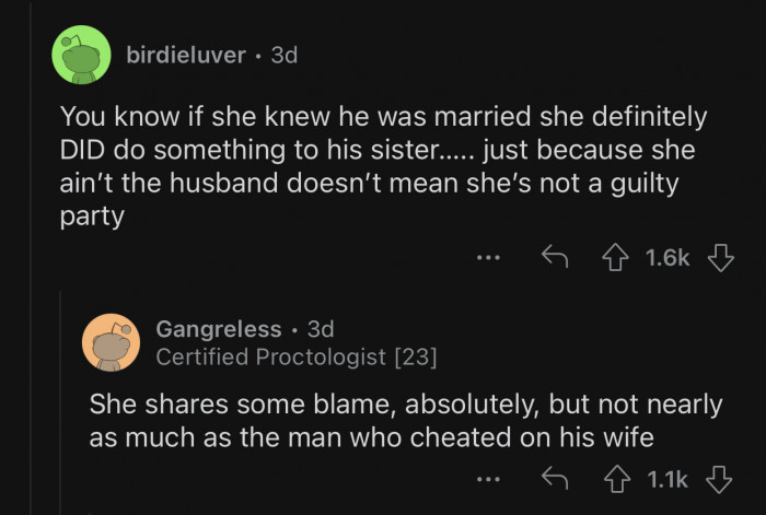 Both the cousin and the cheating husband should share the blame.