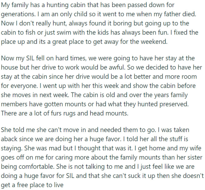 OP inherited a family hunting cabin and offered it to their struggling sister-in-law
