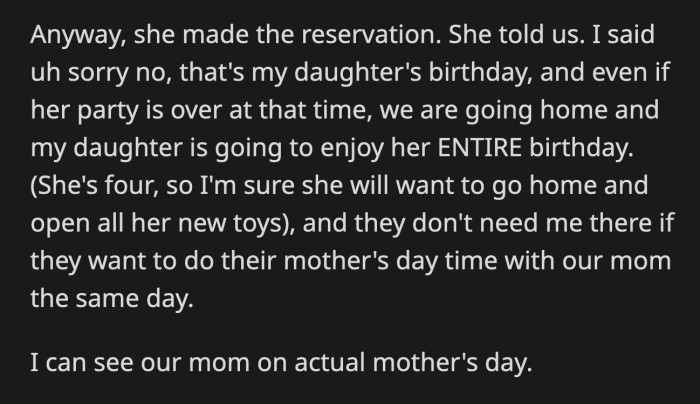 So, this Mother's Day event was the last straw. It turned into a huge fight and her sister left their family group chat.