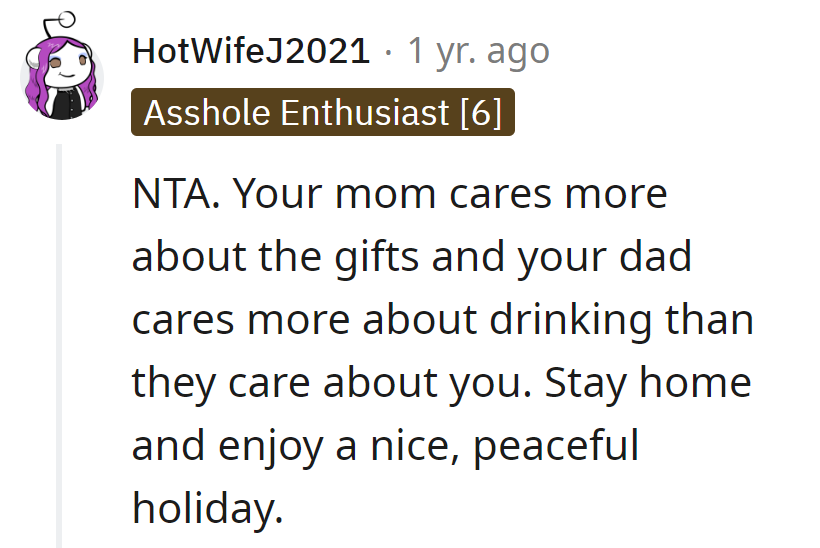 Mom prioritizes gifts, dad prioritizes drinks—it's her holiday, time to enjoy a peaceful celebration at home!