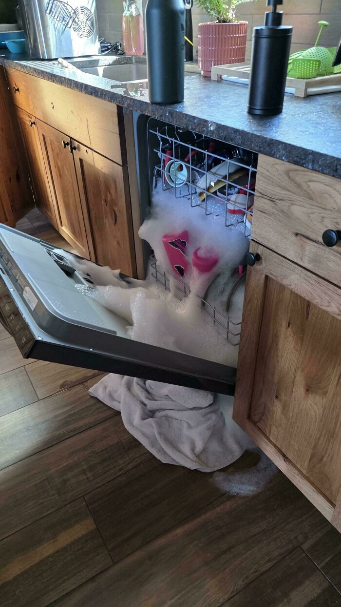"Out Of Dishwasher Tabs... I Guess My Husband Didn't Get The Memo On Dish Soap -_-"