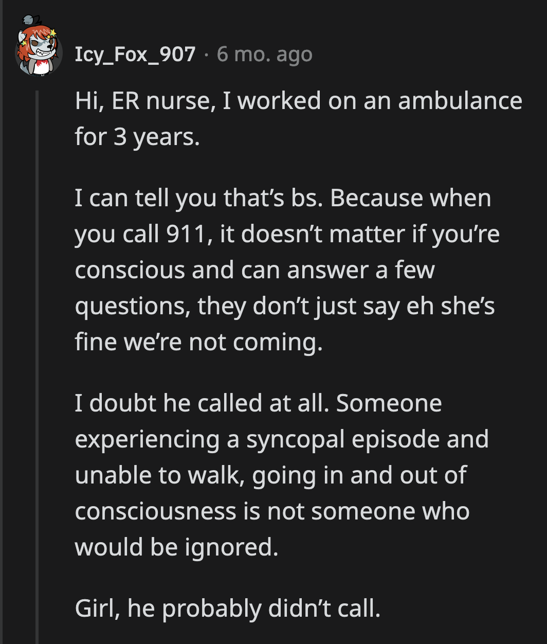 A nurse told OP a sobering fact — her boyfriend probably never called an ambulance.