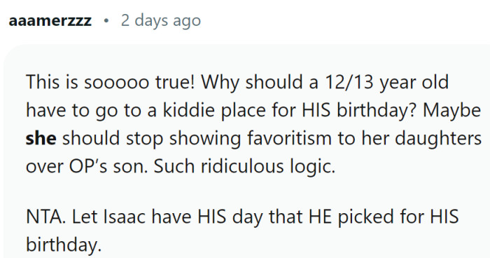 Why should a teen want to go to a kiddie place for his birthday?