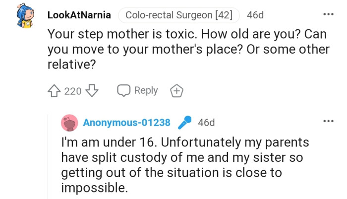 This Redditor wants OP to leave the toxic environment and move in with a relative