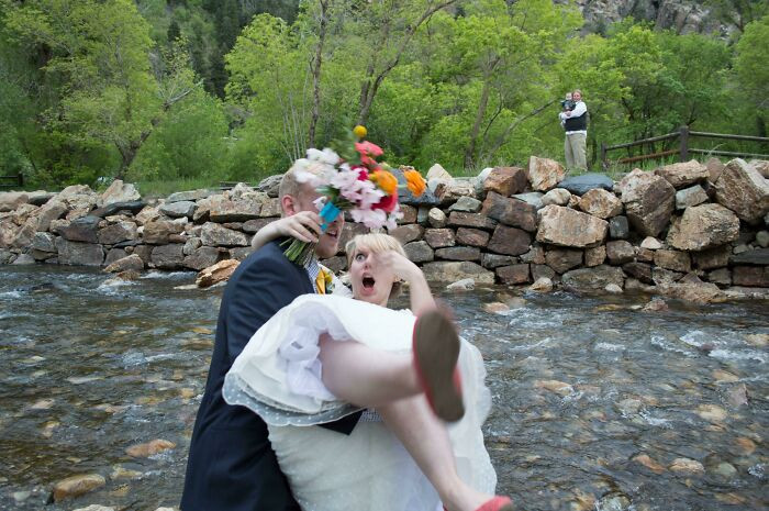 "When My Husband Thought It Was A Good Idea To Pick Me Up While Standing Dangerously Close To The Creek After Our Wedding"