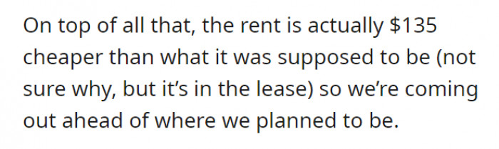 Ironically, their rent was cheaper than the original offer, so technically, they are on the long end of the stick. What is the problem here?