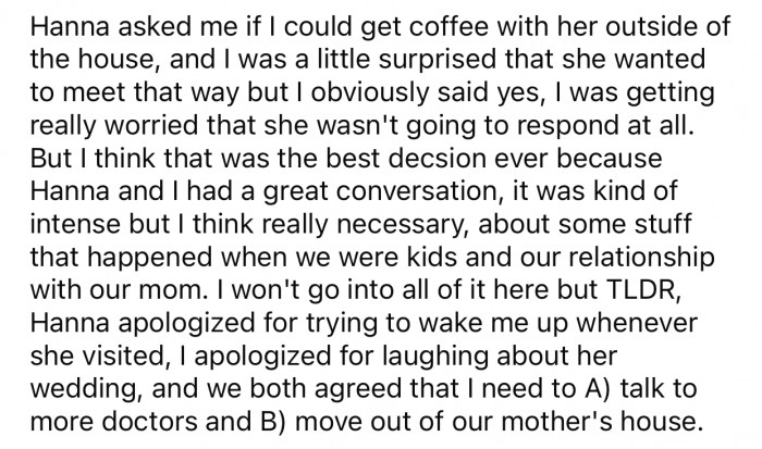 OP and her sister talked things through and made some progress.