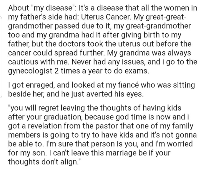 OP revealed that all the women from her father's side of the family had uterine cancer. However, she hadn't been diagnosed with the condition