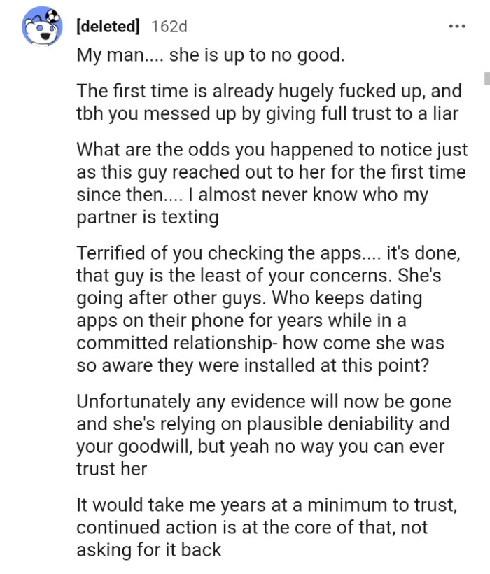 She's terrified of the OP checking her phone