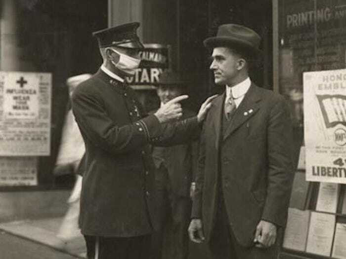 "A Policeman In San Francisco Scolds A Man For Not Wearing A Mask During The 1918 Influenza Pandemic, 1918"