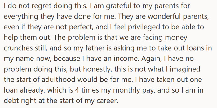 Gratitude and pressure collide as he explains how his father now wants him to borrow money personally.