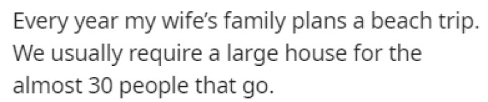 The wife's family plans a huge beach trip every year, with almost 30 people staying in the same house