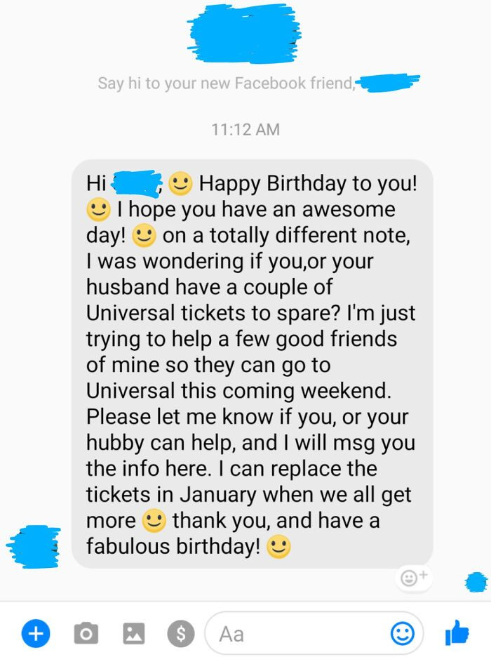 42. A previous colleague requests theme park tickets within a birthday message. Quite elegant.