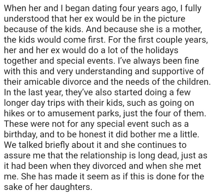 OP's very understanding and supportive of their amicable divorce and the needs of the children