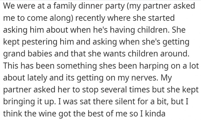 When MIL wouldn't stop pestering OP and her partner about kids, however, OP snapped