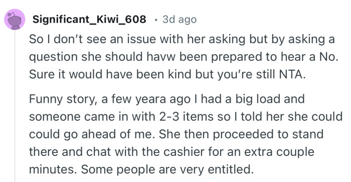 “So I don’t see an issue with her asking but by asking a question she should havw been prepared to hear a No.”
