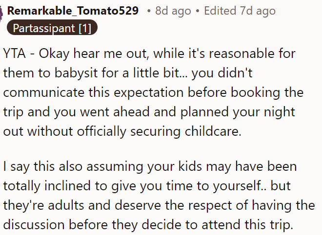 OP should have communicated the babysitting expectation before booking the trip and planning their night out.