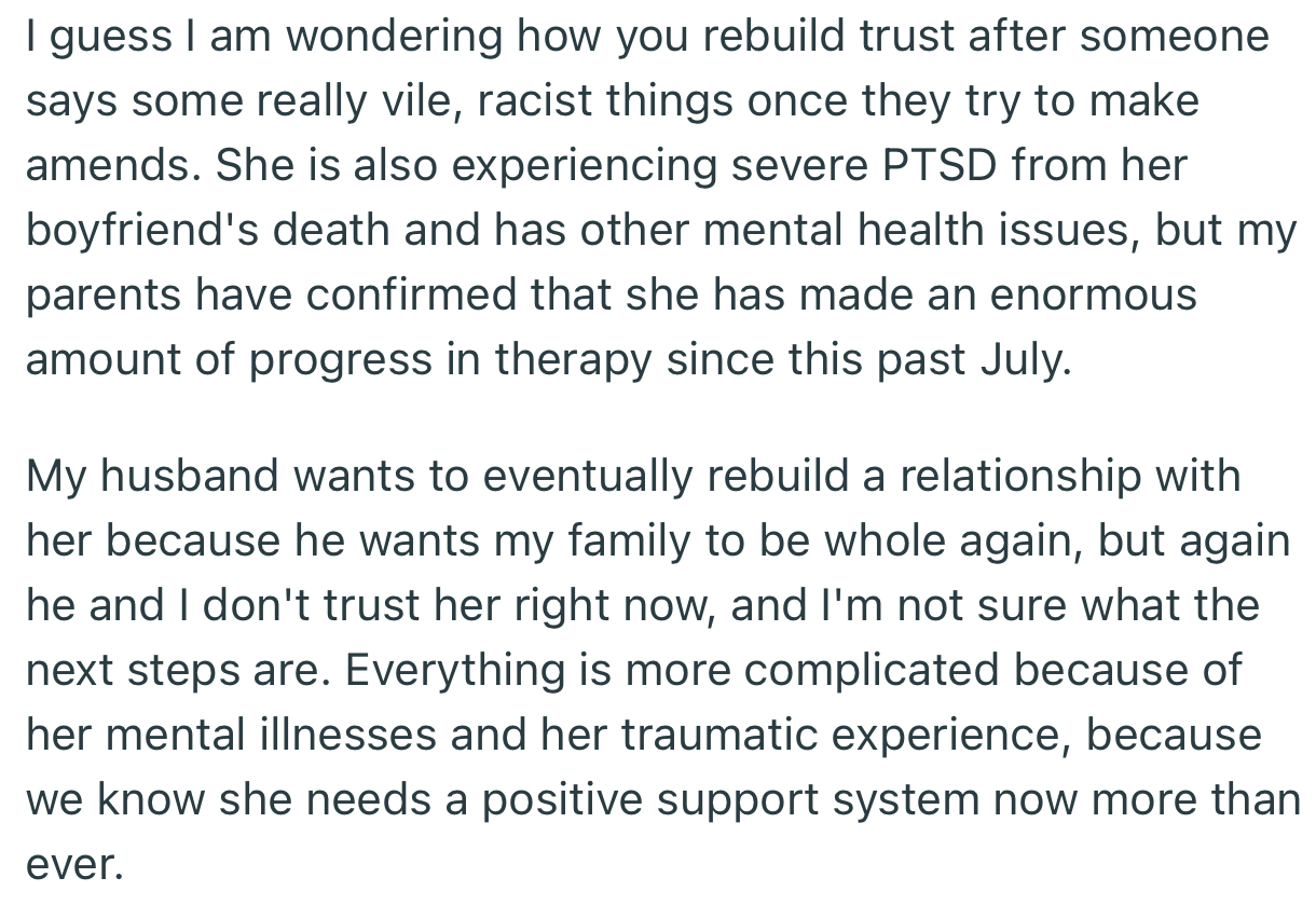 OP’s parents confirmed that her sister had made enormous strides in managing her mental health. However, there was some skepticism