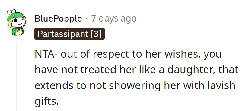 Respect her wishes: no daughter treatment, no gift parade.