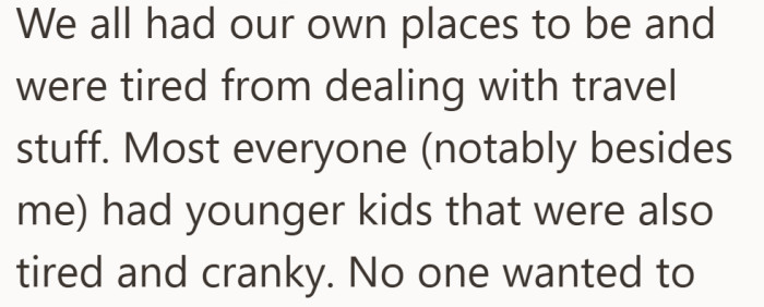 After a long day of travel problems, the relatives were worn out. Many were also juggling cranky children and schedules waiting at home.