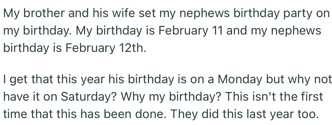 OP was furious to find out that the celebration for their nephew’s birthday had been moved to their own birthday