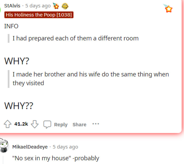 People's first question was why? Why did the mom want them to sleep separately? Who knows the real reason, but the response to this is probably right.