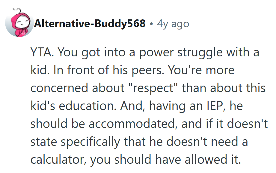 Respect can’t be graded, but this commenter definitely handed out a failing mark for ego management.