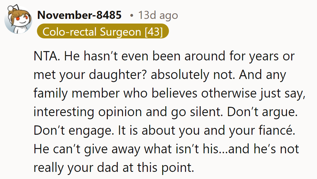He can't give away what he didn't earn—like being a father. It's her day, not his.