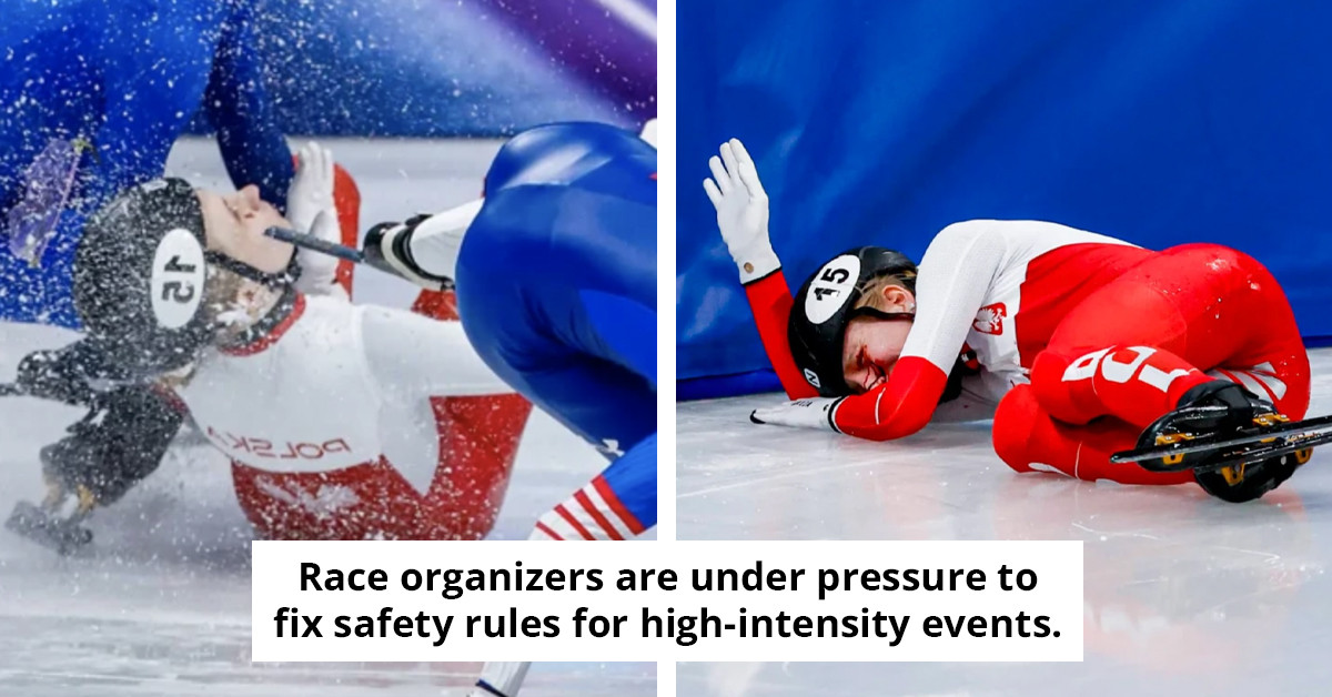 Olympic speed skater hospitalized following a tragic incident where an opponent's blade grazed her face.