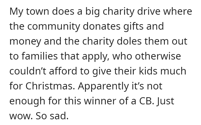 Town charity drive gives gifts to families in need, but a Choosing Beggar is unhappy, adding a touch of sadness to the holiday spirit.