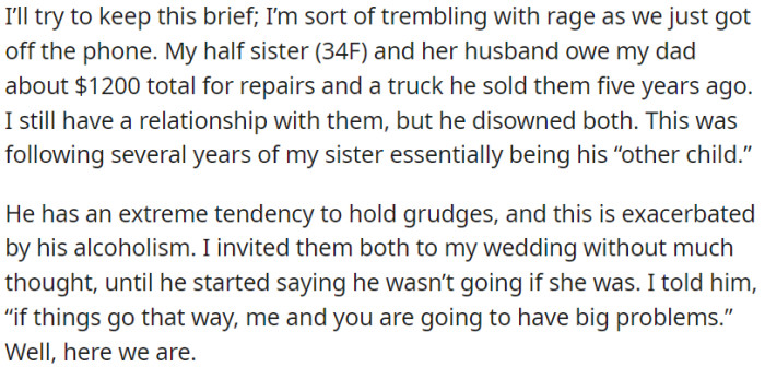 The OP's father has severed ties with the OP's half-sister and her spouse. When the OP extended an invitation to them for their wedding, the father warned that he might not attend if the half-sister also came.