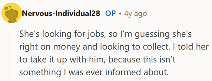 She spots the pattern quick and sends the debt collector energy straight back to the ex, where it belongs.