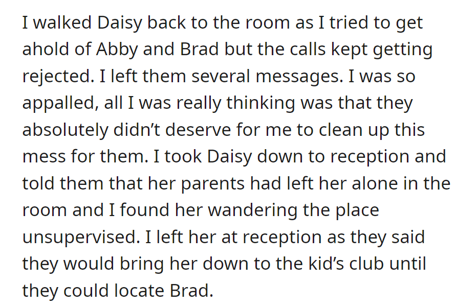 Unable to reach Abby and Brad, OP left Daisy at reception to stay in the kids' club until they located Brad.