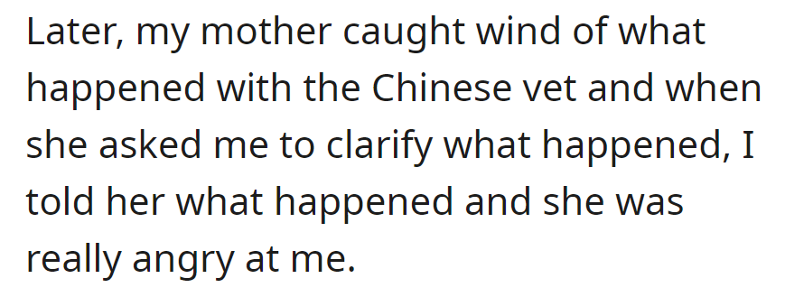 OP's mom learned about the incident with the Chinese vet, and upon hearing the details, she became furious with OP.