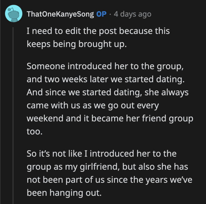 His ex was brought into the group and then two weeks later, she and OP started seeing each other