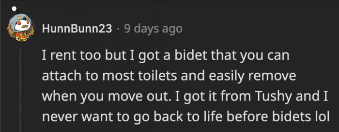 Some people in the comments wanted bidets themselves but were worried since they were renting but others offered a solution