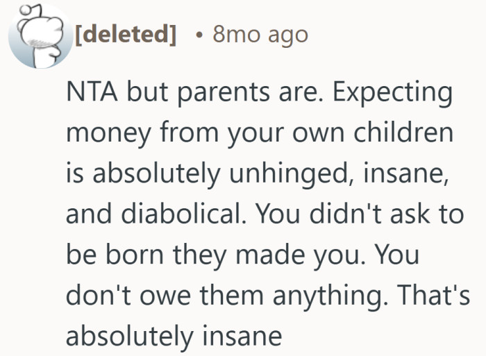 Raising a child is a responsibility, not an invoice to collect later.