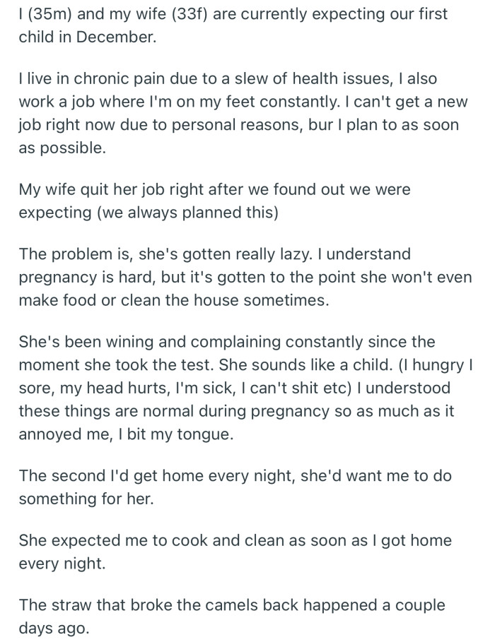 OP is complaining that his wife has become too lazy since she found out about her pregnancy