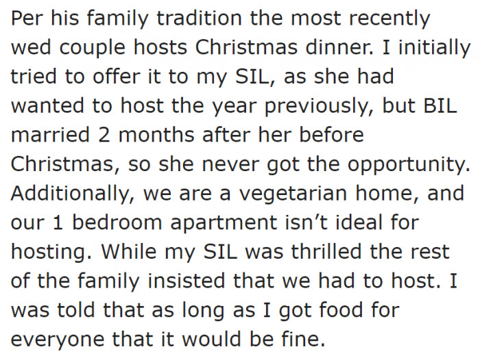 According to family tradition, since she and her husband recently got married, they need to host the upcoming Christmas feast.