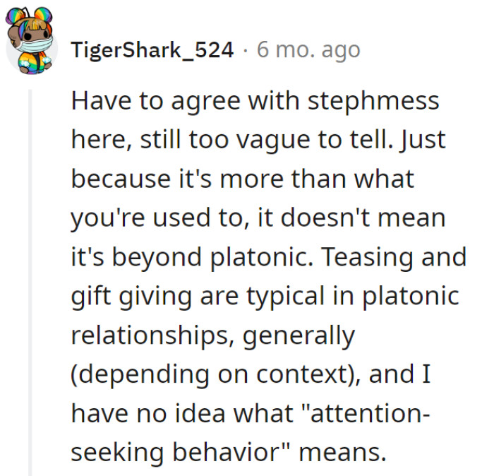 OP's in sitcom territory with stephmess—teasing and gifts, classic moves. But the mystery of 