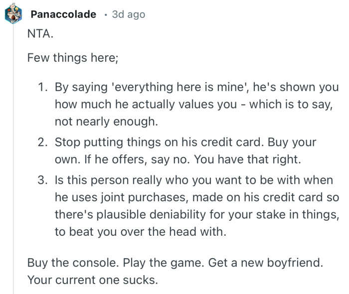 “Buy the console. Play the game. Get a new boyfriend. Your current one sucks.”