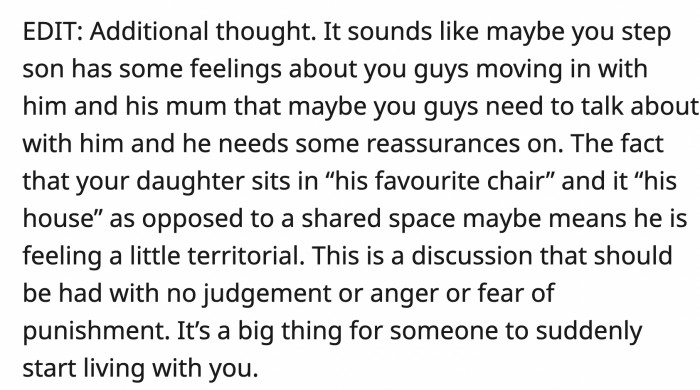 OP's stepson probably has other feelings he can't express, and unfortunately, his stepsister is the subject of his unhealthy behavior.