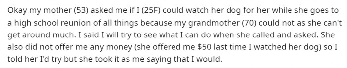 Here is the beginning of the story where she explains what her mom asked of her and why.