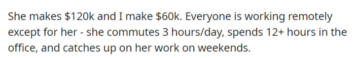 OP earns $60k working remotely, while their colleague, with a 3-hour daily commute and long office hours, makes $120k and often works on weekends.