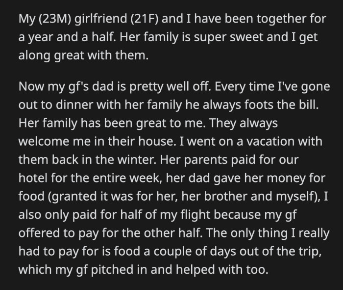 His GF is used to witnessing her family wrestle over the bill because they are all well off