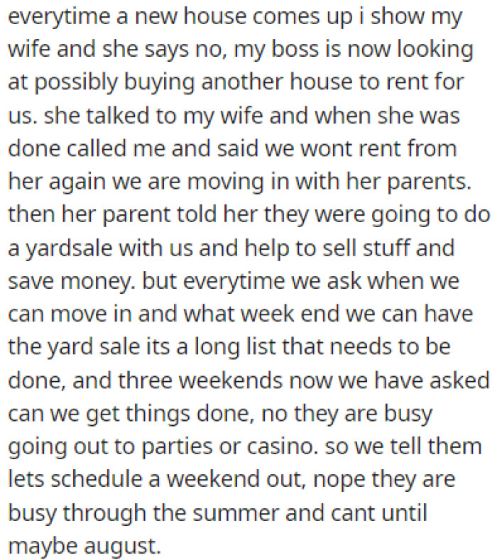 The wife is refusing every house that OP suggests